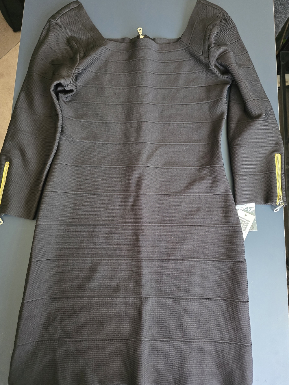 Women’s Black Bandage Sheath Dress with Gold Zipper Detail